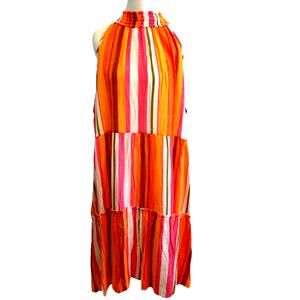 Boho Tiered Dress 2XL Striped Gauzy Peasant Festival Tropical Flowy Midi Plus Sz